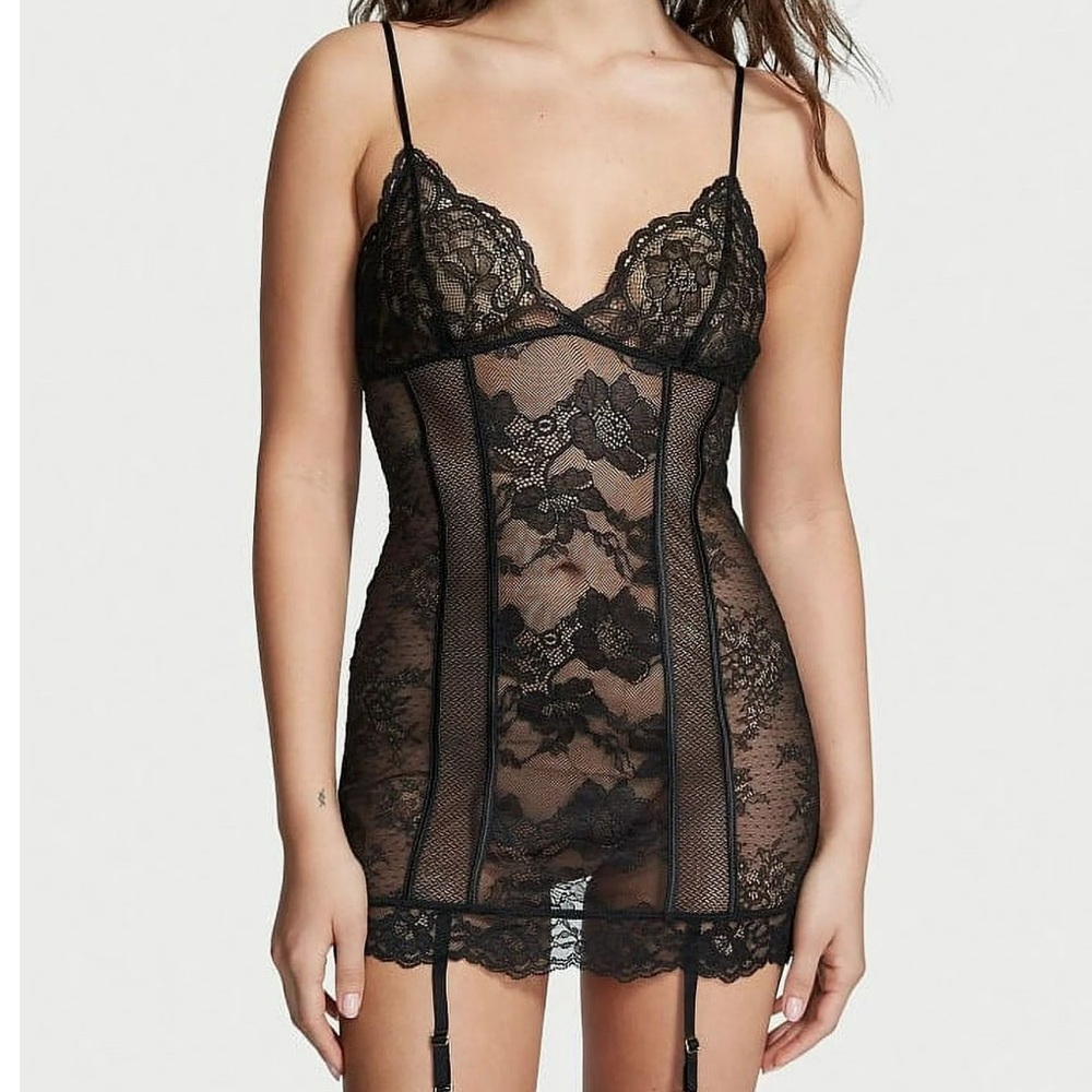 RARE Victoria’s Secret Black Lace Garter Slip